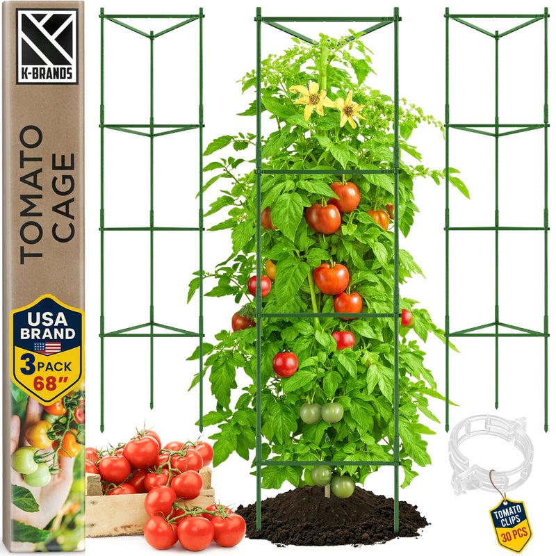 K-Brands Tomato Cage - Tomatoes Plant Stakes Support Cages Trellis for Garden and Pots (3 Pack - Extra Tall Upto 68 inches) - Image 1
